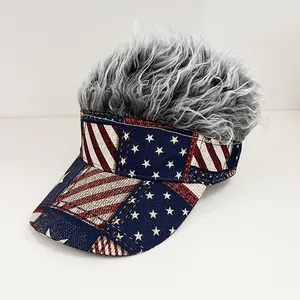 USA flag sun visor with grey synthetic hair for party and outdoor costume events