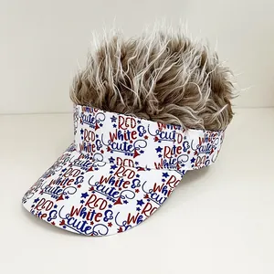 US Flag design visor with brown synthetic hair wig and RED White & cute print art