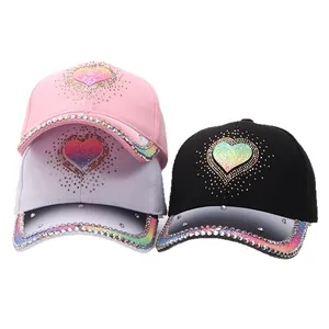Glittering women baseball caps with rhinestone heart pattern in pink white and black