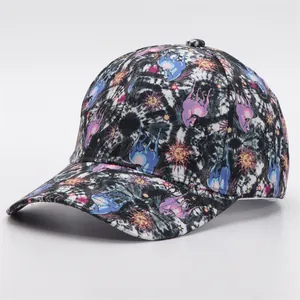 Detailed top view of a tie-dye baseball cap with blue and purple unicorn digital print