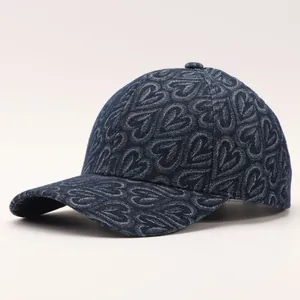 Dunkelblaue Denim-Baseballkappe mit Herzmuster, Vintage gewaschene Sonnenmütze