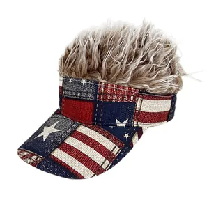 Creative USA flag baseball cap featuring blonde curly hair wig on white background