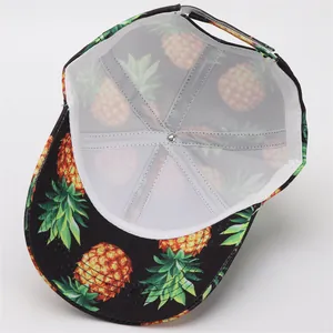 Detailed interior of tropical pineapple print baseball cap with white mesh lining