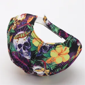 Detail view of tropical skull print baseball cap with adjustable white velcro strap