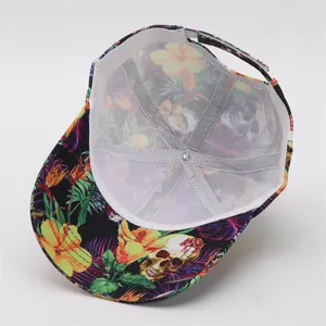 Detailed interior view of a floral baseball cap with reinforced seams and adjustable strap