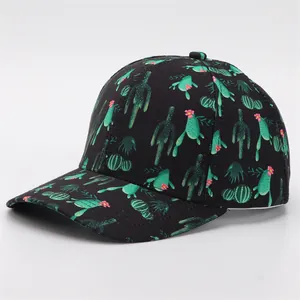 Detail view of adult baseball cap with green cactus prints on black fabric background