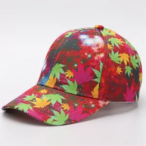 Detail of baseball cap featuring colorful maple leaf digital print and starry sky pattern