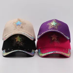 Stacked baseball caps with rhinestone stars and gradient laser finish in four colors