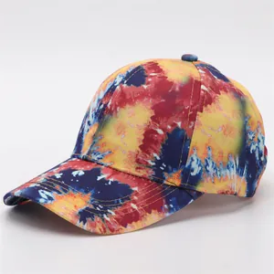 Detailed view of tie-dye baseball cap featuring vibrant colors and reinforced stitching
