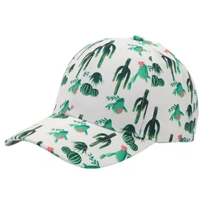 White baseball cap with green cactus and pink flower patterns in a side-front view