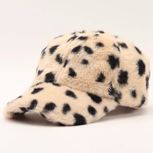 Winter faux fur leopard print baseball cap with stylish black spots and warm plush lining