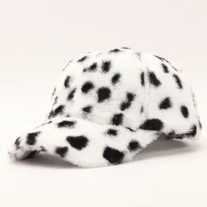 Winter plush baseball cap with stylish dalmatian spotted pattern in faux fur fabric