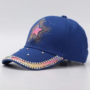 Blue rhinestone baseball cap featuring pink star pattern and sparkling gradient glitter