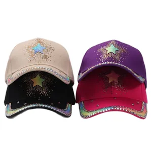 Fashion baseball caps with rhinestone star design and rainbow gradient brim in four colors