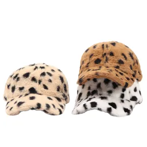 Winter plush leopard print baseball caps in beige, brown, and white faux fur textures