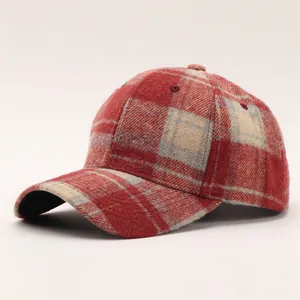Classic Plaid Woolen Baseball Cap For Women Men Autumn Winter Warm Houndstooth Pattern Curved Brim Adjustable Fashion Hat