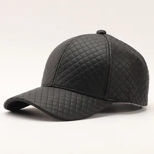 Quilted Rhombic Lattice PU Leather Baseball Cap For Women Men Fashion Commuter Warm Windproof Curved Brim Adjustable Hat