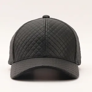 Detail shot of the black PU leather baseball cap with diamond lattice quilting pattern