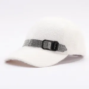 Winter white mink faux fur baseball cap with rhinestone belt and decorative metal buckle