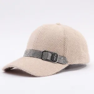 Winter mink velvet baseball cap in beige featuring a sparkly rhinestone belt and metal buckle