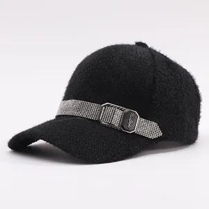 Women's Faux Mink Fur Baseball Cap Winter Warm Rhinestone Belt Decoration Fashion Outdoor Adjustable Soft Plush Hat