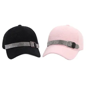 Winter mink velvet baseball cap in black and pink with rhinestone belt and metal buckle