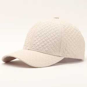 Winter checkered baseball cap in cream white with textured geometric pattern for women