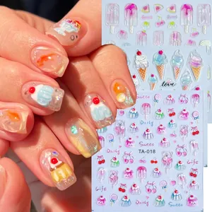 3D Embossed Nail Art Stickers Japanese Sweet Candy Ice Cream Dessert Patterns Macaron Color Self Adhesive Manicure Decals