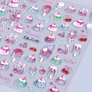 Detailed 5D embossed nail stickers featuring colorful ice cream and candy desserts