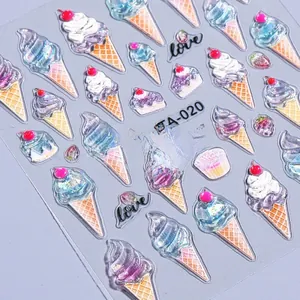 Detail showing 5D embossed summer dessert nail stickers with ice cream and cake icons
