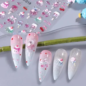 5D embossed nail stickers featuring 3D candy, cupcakes, and cherries on glittery nails