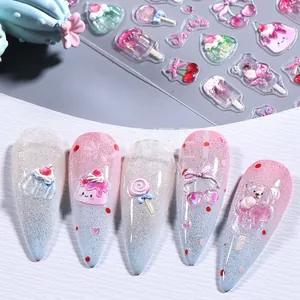 5D embossed nail stickers featuring cute 3D ice cream, strawberry cake, and bear designs