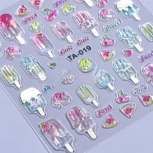 Detailed macro view of 5D embossed summer nail stickers with candy and ice cream motifs