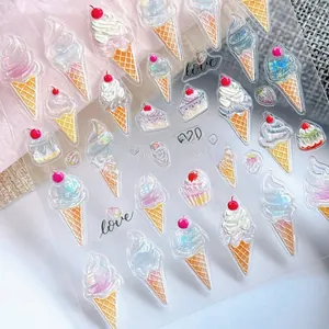 Macro shot of 5D embossed nail stickers featuring aurora laser ice cream and desserts