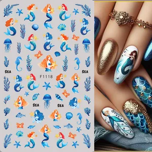 3D mermaid ocean nail art stickers with sea horses, shells and blue coral motifs