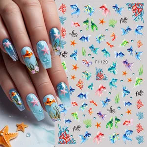 3D ocean themed nail stickers featuring colorful goldfish and coral for summer manicures