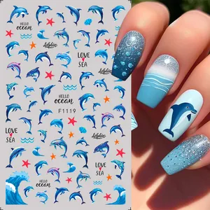 Ocean theme 3D nail art stickers with blue dolphins, waves and sea stars pattern F1119