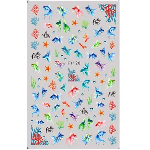 Nautical 3D nail art stickers featuring goldfish, coral, and starfish designs