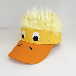 Cartoon yellow duck sun visor hat with faux hair wig and embroidered details