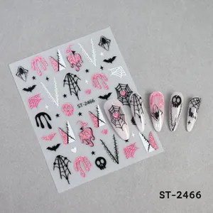 Details von Halloween Nagelstickern mit rosa Glitzer-Spinnen und Fledermausmotiven