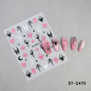 Halloween Nagelaufkleber mit rosa Glitzer-Totenkopf und Spinnennetz-Motiven für Nagelkunst