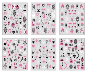 Sechser-Set Halloween Nagelaufkleber mit rosa und schwarzen Geist- und Kürbismustern