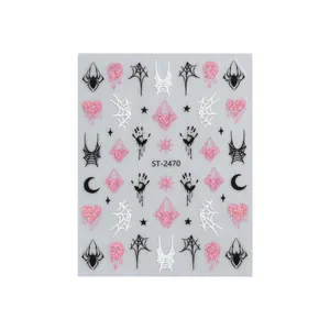 Halloween-Nagelaufkleber mit schwarzen Spinnen und rosa Glitzergeistern, Stil ST-2470