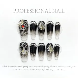 Dark Gothic Spider Press On Nails Ombre Black Coffin False Nails With 3D Alloy Spider Web Rhinestone Handmade Manicure