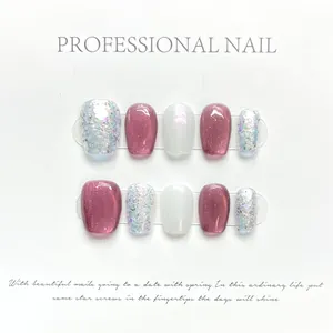 Faux Ongles à Presser Œil de Chat Faits Main Prune Gelée Blanc Künstliche Perle Paillettes Court Carré Rond Réutilisables Kit Femme