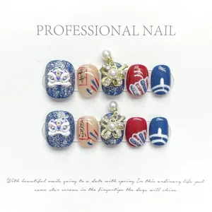 Uñas Postizas Adhesivas Hechas a Mano Estilo Chino 3D Danza del León Lazo Perla Ojo de Gato Rojo Azul Mujer