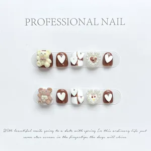 Handmade 3D Fluffy Bear Heart Artificial Pearl Press On Nails For Kids Girls Chocolate Brown Cute Cartoon Decorative Fake Nails