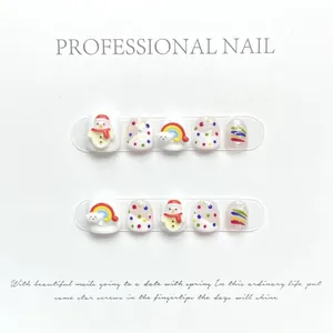 Handmade Kids Press On Nails Cute Cartoon Snowman Rainbow Pattern Short White Nail Tips For Children Girls Finger Accessory