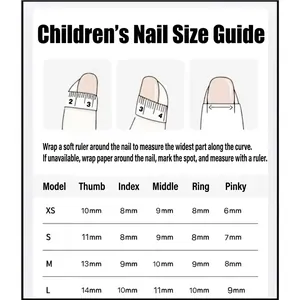 Size chart for kids cute cartoon press-on nails from XS to L with measuring guide