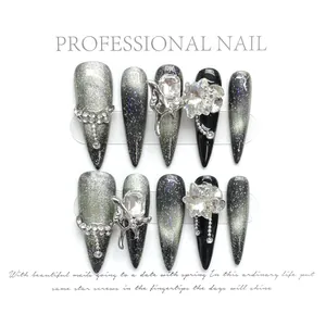 Handmade Dark Gothic Press On Nails Long Stiletto Black Cat Eye Butterfly Rhinestone Luxury Fake Nails For Women Party Jewelry